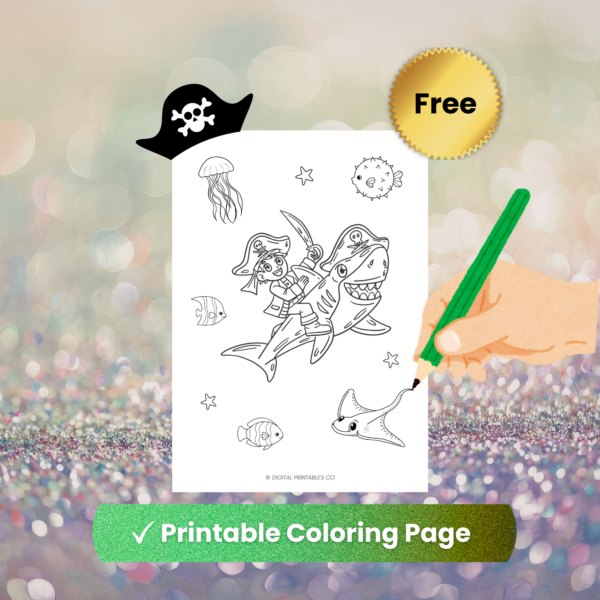 Free Pirate Coloring Page for Kids – Shark Adventure Printable PDF
