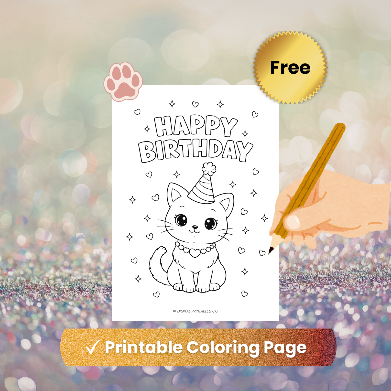 Free Birthday Cat Coloring Page for Kids – Cute Kitten Printable PDF ...