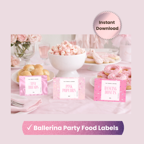 Ballerina Party Food Labels Printable – Pink Birthday Party Signs PDF