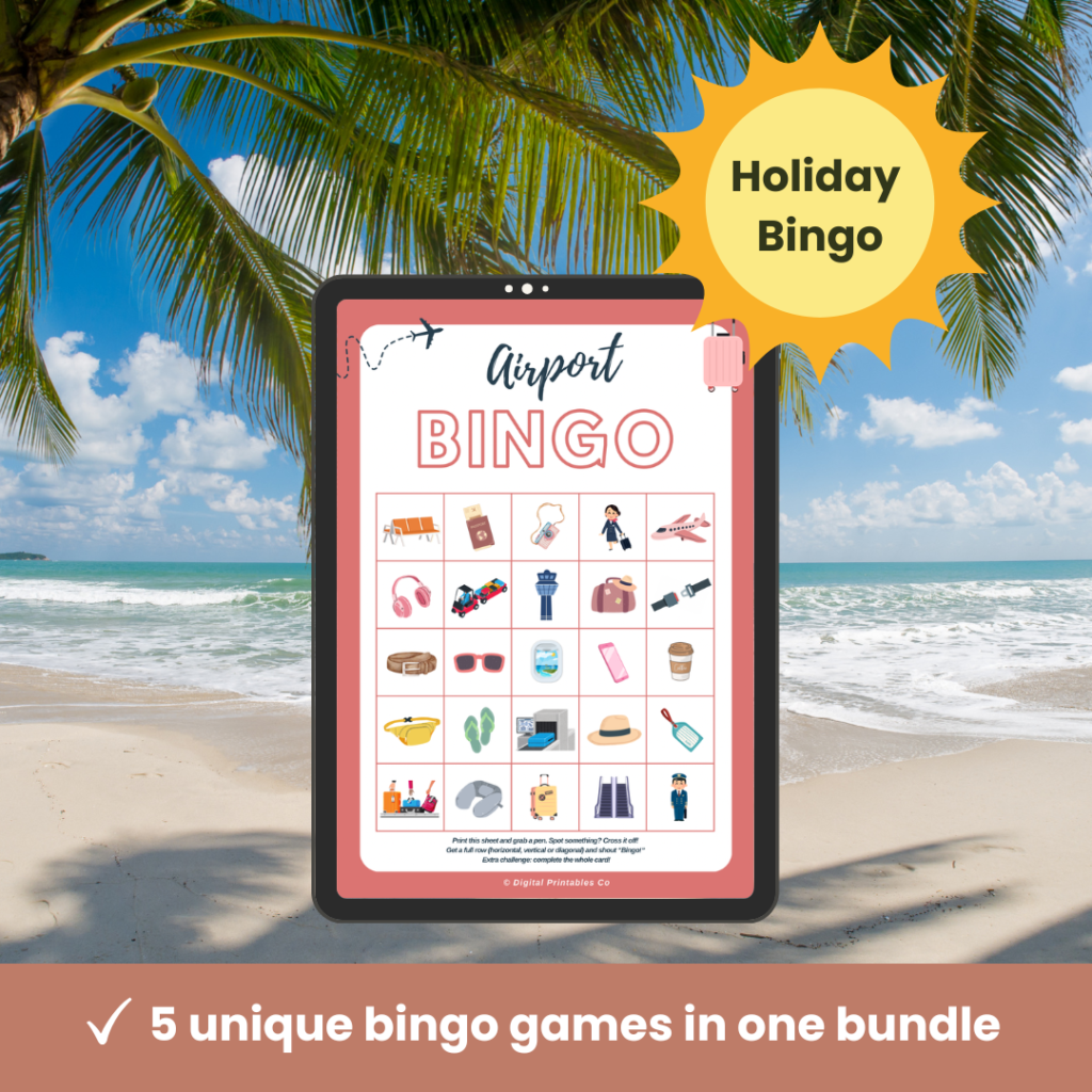 holiday travel bingo printable game for kids airport travel activity