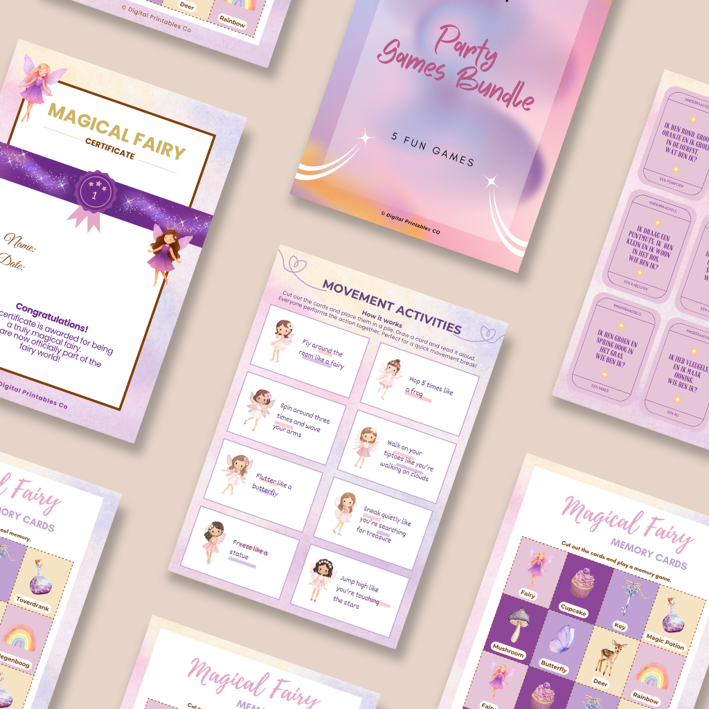 fairy party games printable bundle kids activities movement cards and memory game