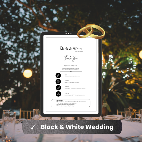 Black and White Wedding (1) Black & White Wedding Stationery Bundle – 7 Editable Canva Templates